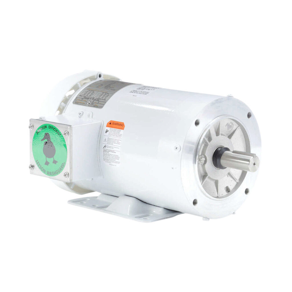 121870.00 - Leeson Washguard White Duck premium efficiency AC induction motor, washdown and inverter rated, 3hp, 3-phase, 230/460 VAC, 3600rpm, TEFC, NEMA 145C frame, rolled steel, C-face/rigid base mount.