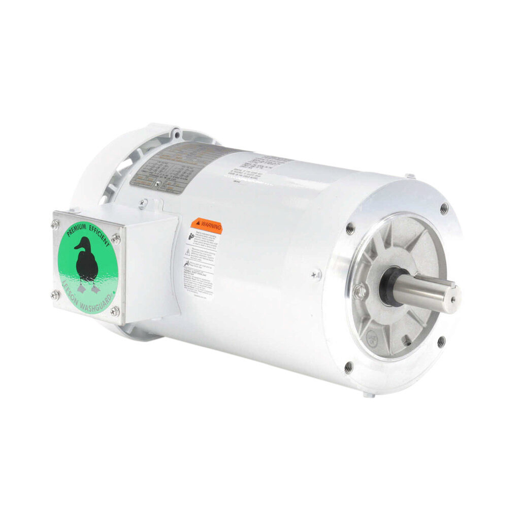 122182.00 - Leeson Washguard White Duck premium efficiency AC induction motor, washdown and inverter rated, 2hp, 3-phase, 208-230/460 VAC, 1800rpm, TEFC, NEMA 145TC frame, rolled steel, C-face mount.