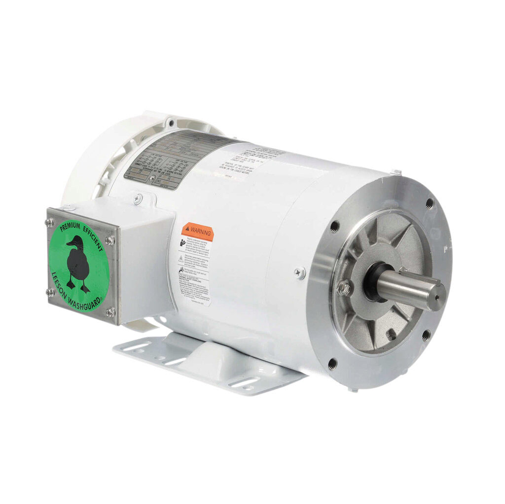 122185.00 - Leeson Washguard White Duck premium efficiency AC induction motor, washdown and inverter rated, 2hp, 3-phase, 208-230/460 VAC, 3600rpm, TEFC, NEMA 145TC frame, rolled steel, C-face/rigid base mount.