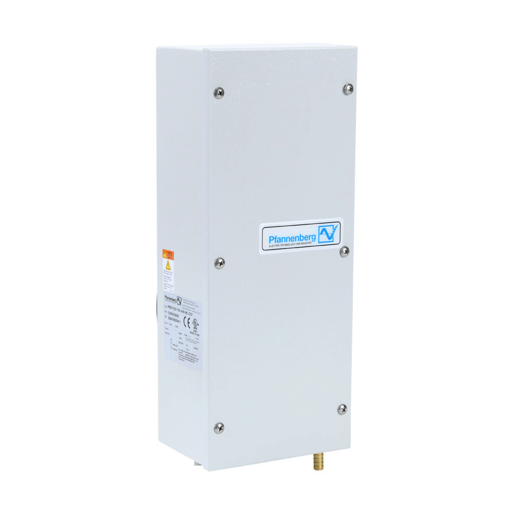 12351010005 - Pfannenberg air-to-water heat exchanger, 3241 BTU/H, 115 VAC operating voltage, 60 Hz, 0.69A running current, side mount, galvanized steel, RAL 7035 light gray, powder coat finish. For use with NEMA/UL Type 3R & 4 enclosures.