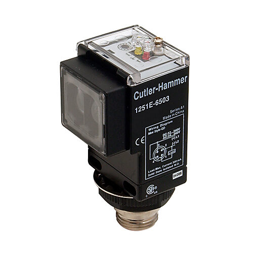 1251E-6503 - Eaton photoelectric sensor, rectangular, through-beam receiver, 500ft sensing distance, selectable light-on/dark-on, solid state relay, 12-240 VDC/24-240 VAC operating voltage, 73 x 48.5 x 46mm body, plastic, 4-wire, 4-pin mini 7/8in ...