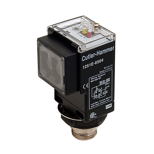 1251E-6504 - Eaton photoelectric sensor, rectangular, through-beam receiver, 500ft sensing distance, selectable light-on/dark-on, SPDT EM relay, 12-240 VDC/24-240 VAC operating voltage, 73 x 48.5 x 46mm body, plastic, 5-wire, 5-pin mini 7/8in - 16...