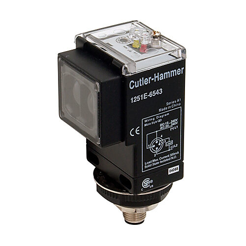 1251E-6543 - Eaton photoelectric sensor, rectangular, through-beam receiver, 500ft sensing distance, selectable light-on/dark-on, solid state relay, 12-240 VDC/24-240 VAC operating voltage, 73 x 48.5 x 46mm body, plastic, 4-wire, 4-pin AC micro 1/...