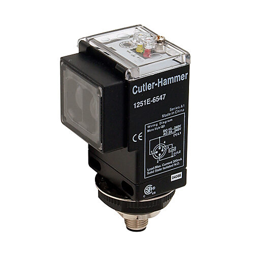1251E-6547 - Eaton photoelectric sensor, rectangular, through-beam receiver, 500ft sensing distance, selectable light-on/dark-on, NPN/PNP, 10-40 VDC operating voltage, 73 x 48.5 x 46mm body, plastic, 4-wire, 4-pin M12 quick-disconnect.