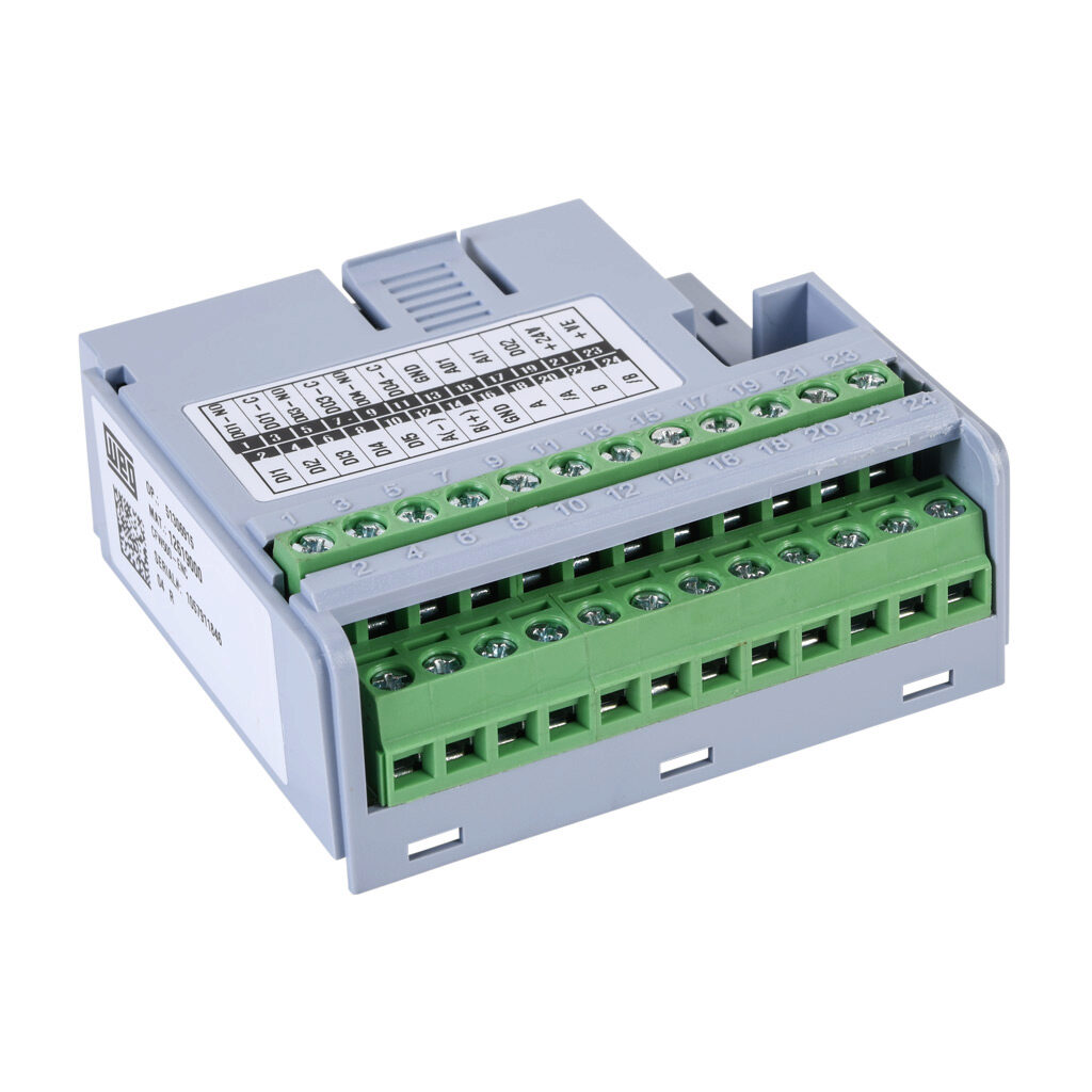 12619000 - WEG Electric CFW500 series encoder analog combo module, 400 kHz maximum switching frequency, 1-channel quadrature encoder input, Analog Input: 1-channel, Analog Output: 1-channel. For use with WEG CFW500 series AC drives.