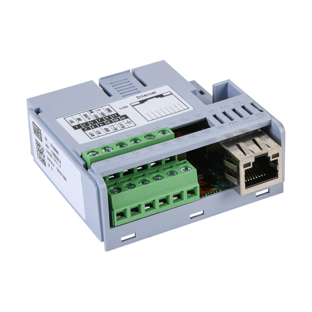12892814 - WEG Electric CFW500 series communication module, EtherNet/IP, Modbus RTU and BACnet, 2 ports, (1) Ethernet (RJ45) and (1) RS-485 (3-pin terminal) port(s). For use with WEG CFW500 series AC drives.