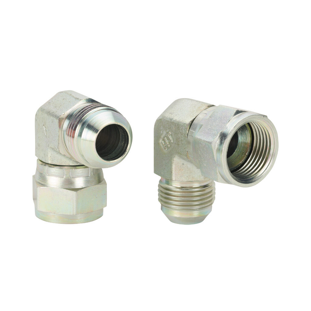 12MJ-12FJX90 - HY-TECH hydraulic fluid adapter, elbow, plated steel body, (1) -12 male JIC 37 deg and (1) -12 female JIC 37 deg. Package of 2.