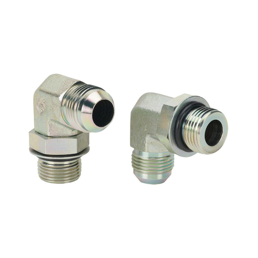 12MJ-12MB90 - HY-TECH hydraulic fluid adapter, elbow, plated steel body, (1) -12 male JIC 37 deg and (1) -12 male o-ring boss. Package of 2.