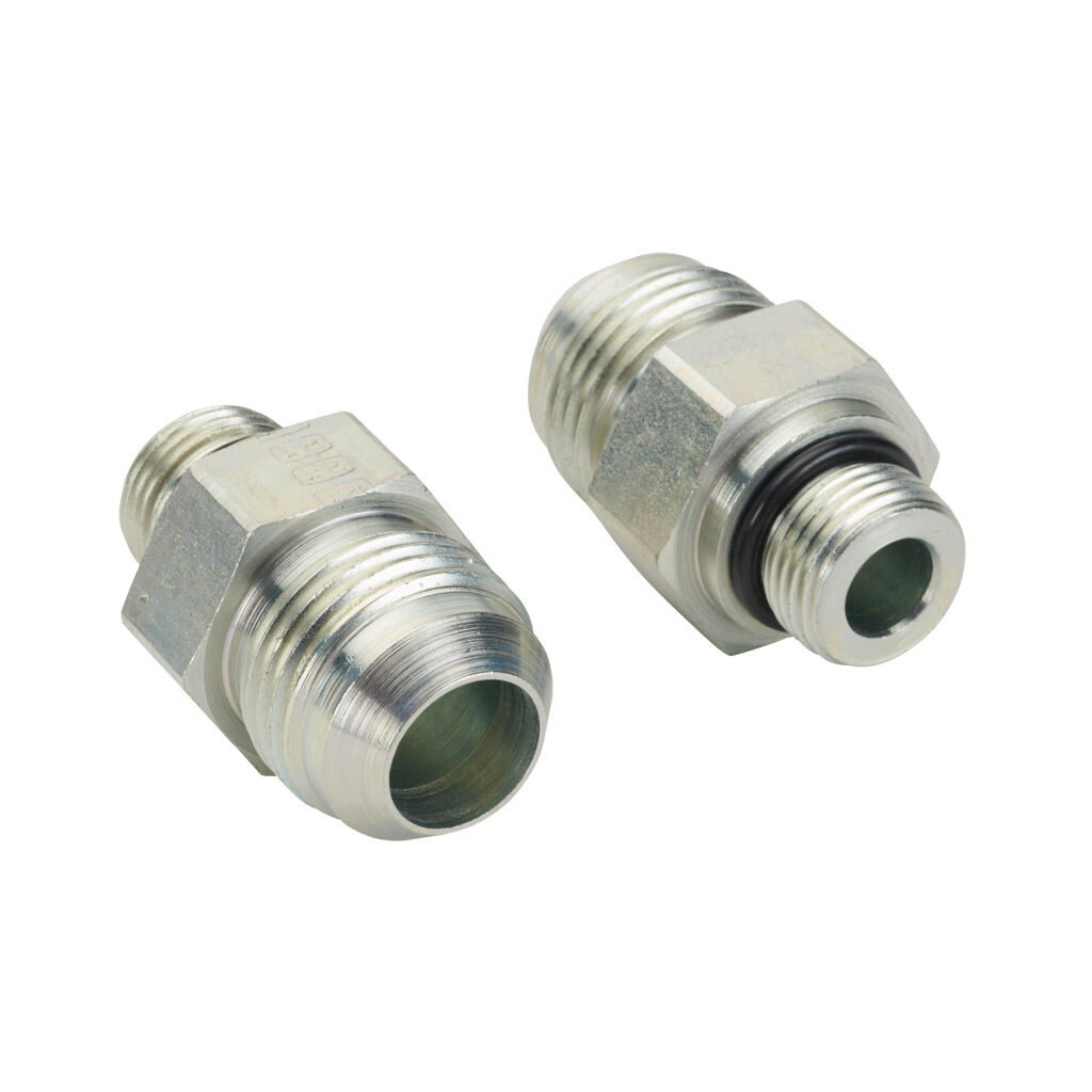 12MJ-8MB - HY-TECH hydraulic fluid adapter, straight, plated steel body, (1) -12 male JIC 37 deg and (1) -8 male o-ring boss. Package of 2.