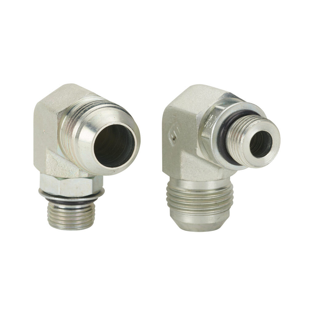 12MJ-8MB90 - HY-TECH hydraulic fluid adapter, elbow, plated steel body, (1) -12 male JIC 37 deg and (1) -8 male o-ring boss. Package of 2.