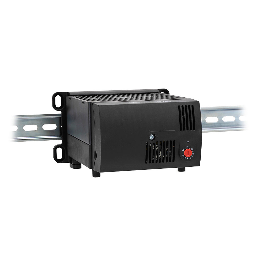 130599-00 - Stego enclosure heater, axial fan, 950W heating capacity, high performance cartridge heating element, 120 VAC operating voltage, 50/60 Hz, adjustable thermostat, N.C. (open on rise) 32 to 140 deg F, 35mm DIN rail or panel mount.