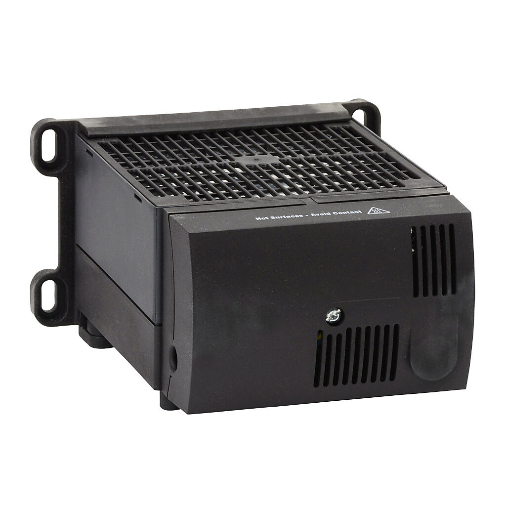 130599-02 - Stego enclosure heater, axial fan, 950W heating capacity, high performance cartridge heating element, 120 VAC operating voltage, 50/60 Hz, 35mm DIN rail or panel mount.