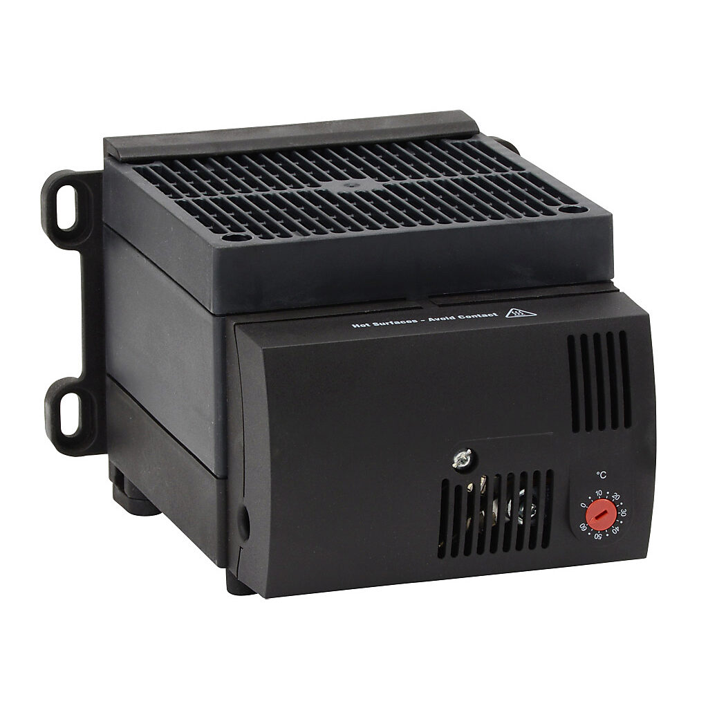 130600-00 - Stego enclosure heater, axial fan, 1200W heating capacity, PTC resistor heating element, 230 VAC operating voltage, 50/60 Hz, adjustable thermostat, N.C. (open on rise) 0 to 60 deg C, 35mm DIN rail or panel mount.