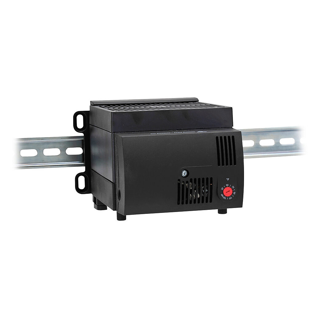 130609-00 - Stego enclosure heater, axial fan, 1200W heating capacity, PTC resistor heating element, 120 VAC operating voltage, 50/60 Hz, adjustable thermostat, N.C. (open on rise) 32 to 140 deg F, 35mm DIN rail or panel mount.