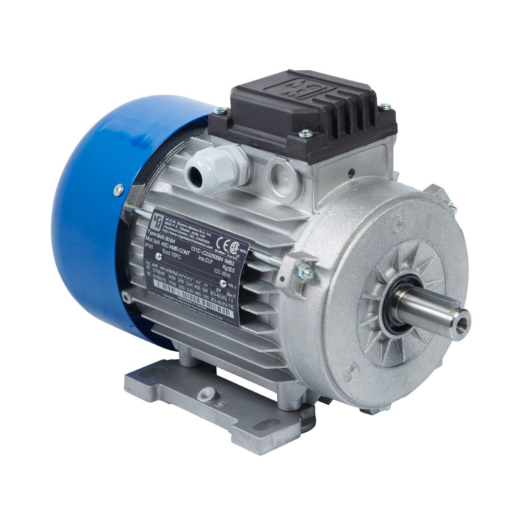 131C - M.G.M. Electric Motors SMX IE3 premium efficiency AC induction motor, general purpose and inverter rated, 1hp, 3-phase, 230/460 VAC, 1800rpm, TEFC, IEC 80 frame, aluminum, rigid base (B3) mount.
