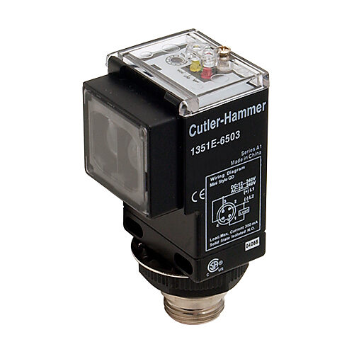 1351E-6503 - Eaton photoelectric sensor, rectangular, diffuse, infrared, 10ft sensing distance, selectable light-on/dark-on, solid state relay, 500 Hz switching frequency, 73 x 48.5 x 46mm body, plastic, 4-pin mini 7/8in - 16UNF thread.