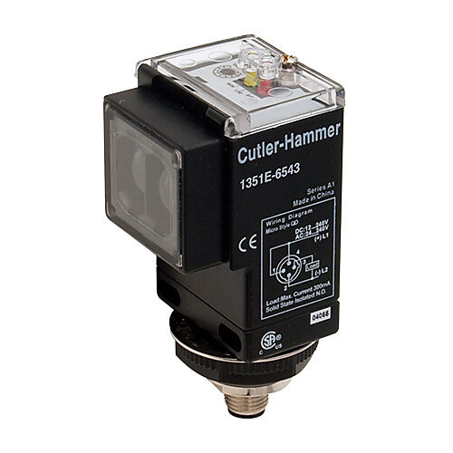 1351E-6543 - Eaton photoelectric sensor, rectangular, diffuse, infrared, 10ft sensing distance, selectable light-on/dark-on, solid state relay, 500 Hz switching frequency, 73 x 48.5 x 46mm body, plastic, 4-pin AC micro 1/2in - 20UNF thread.