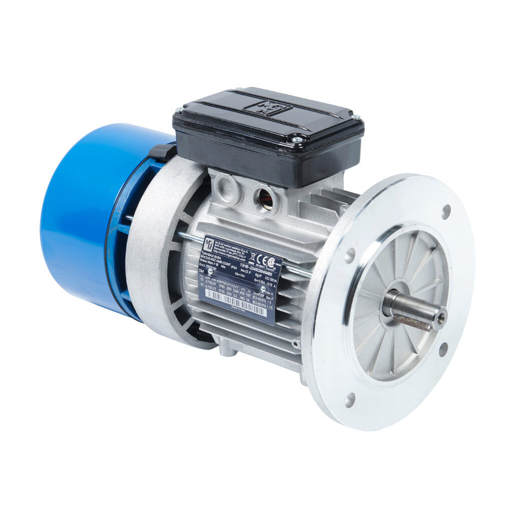 13HB - M.G.M. Electric Motors BAX IE3 premium efficiency AC induction motor, general purpose, inverter rated and brake, 1hp, 3-phase, 230/460 VAC, 1800rpm, TEFC, IEC 80 frame, aluminum, D-flange (B5) mount. Integrated brake assembly included.