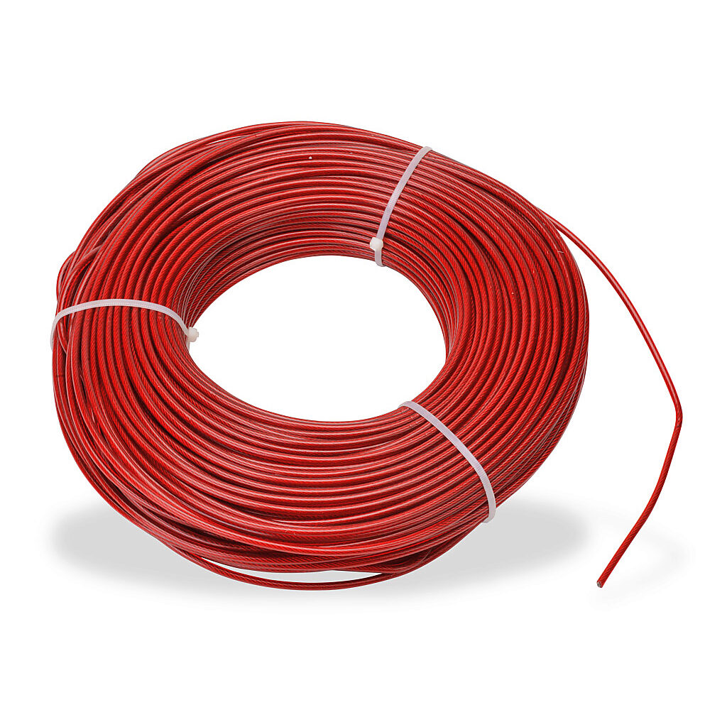 140040 - IDEM pull cable, 328ft/100m cable length, 4mm diameter, galvanized steel, plastic jacket, red. For use with cable-pull safety switches.