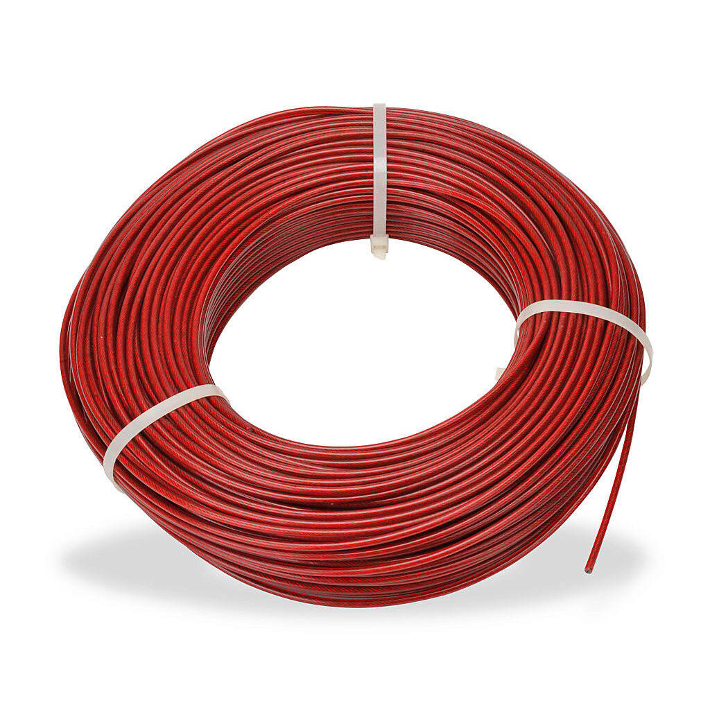 140041 - IDEM pull cable, 413.3ft/126m cable length, 4mm diameter, galvanized steel, plastic jacket, red. For use with cable-pull safety switches.