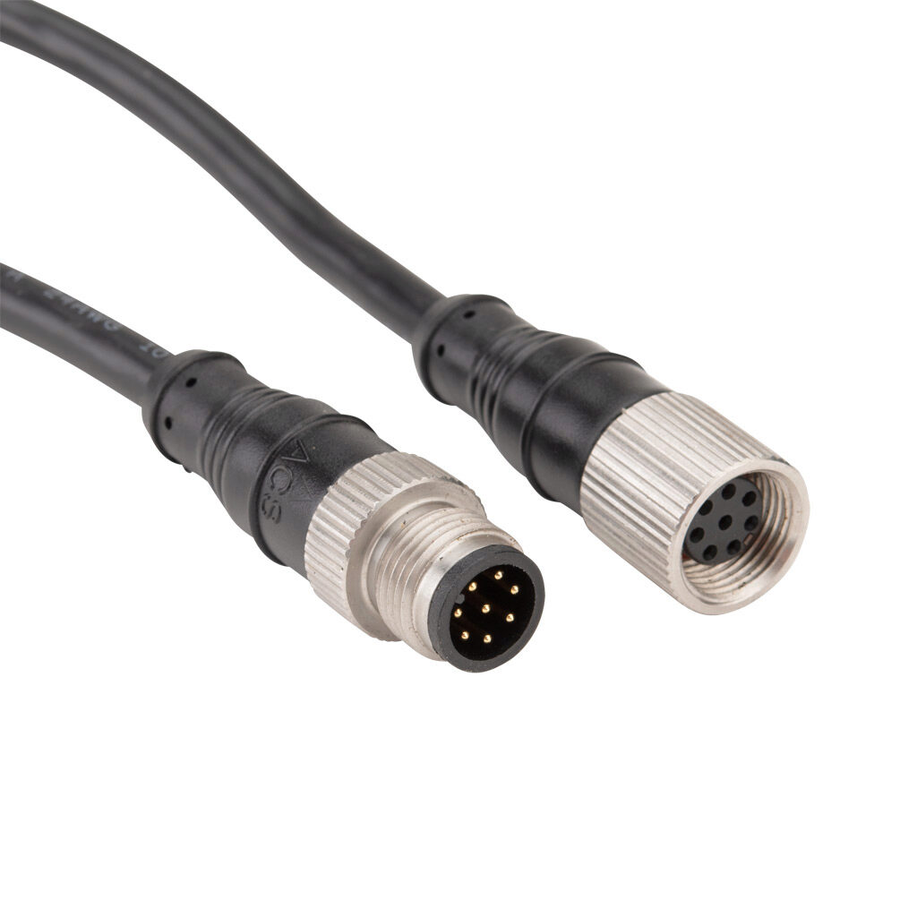 140202 - IDEM connection cable, M12 axial female to M12 axial male, 8-pole, PVC jacket, black, 16.4ft/5m cable length.