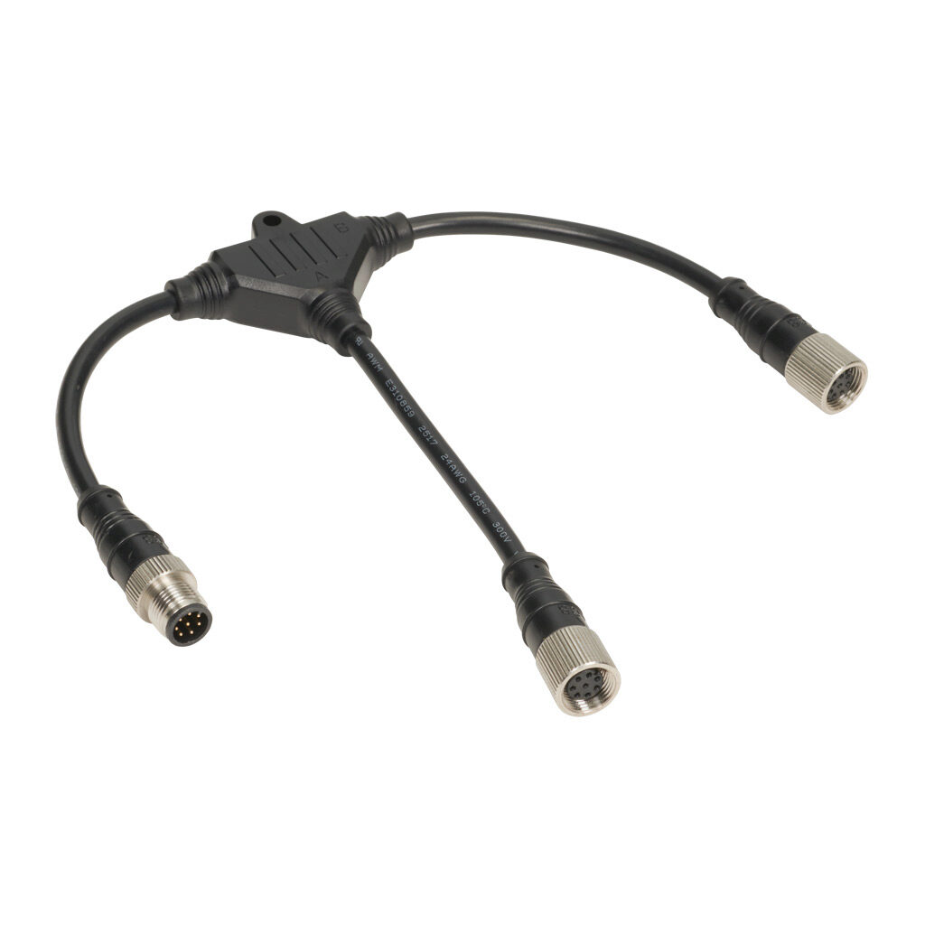 140204 - IDEM T-port, (1) 8-pin male M12 quick disconnect to (2) 8-pin female M12 disconnects. For use with IDEM Z-Range switches.
