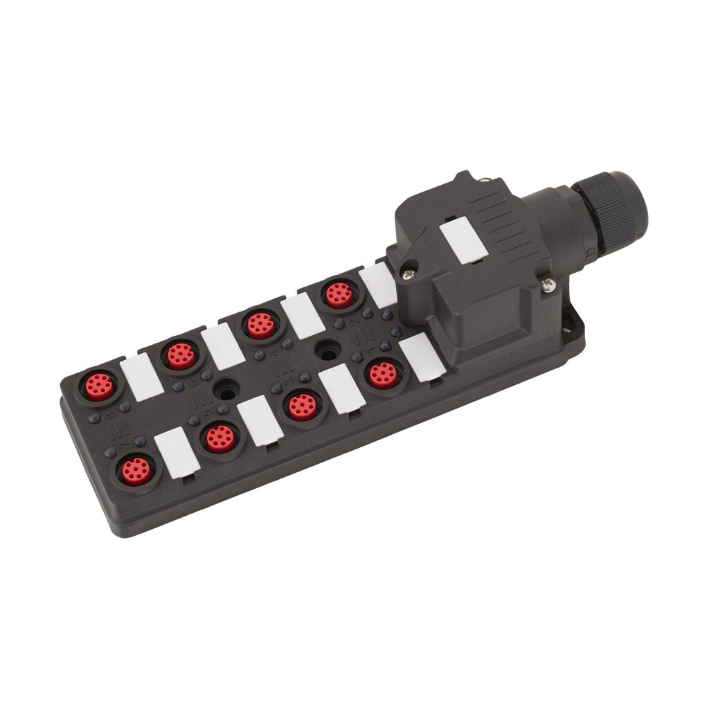 140210 - IDEM junction block, 8 ports, 8-pin M12 sockets, 24 VDC LED indicator(s), cable clamp for field-wired connection. For use with IDEM coded and RFID switches only.