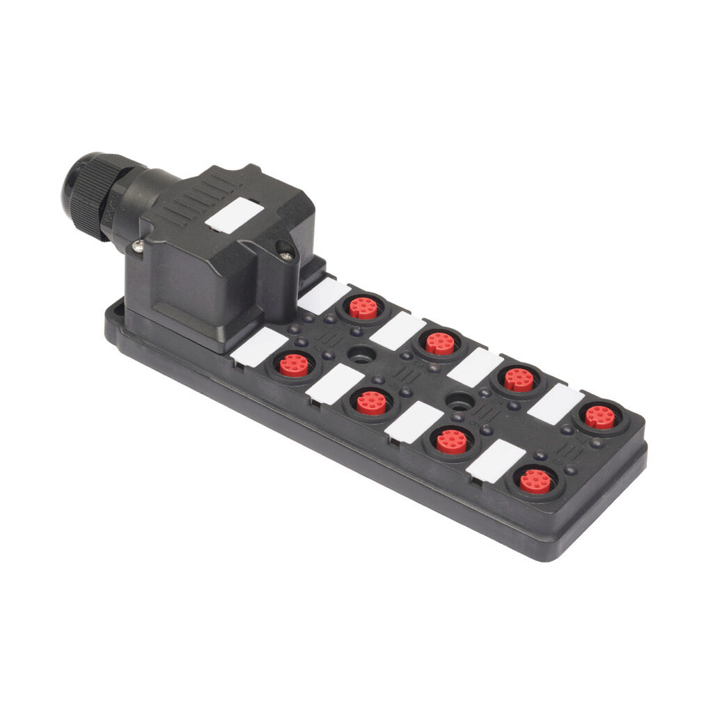 140210-Z - IDEM Z-Range junction block, 8 ports, 8-pin M12 sockets, 24 VDC LED indicator(s), cable clamp for field-wired connection. For use with IDEM Z-Range switches.