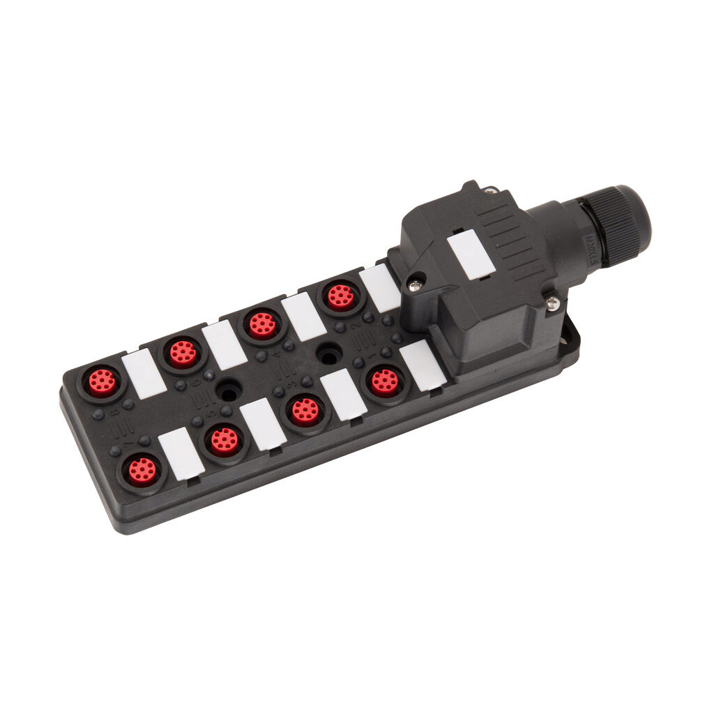 140213 - IDEM junction block, 8 ports, 8-pin M12 sockets, 24 VDC LED indicator(s), cable clamp for field-wired connection. For use with IDEM magnetic switches only.