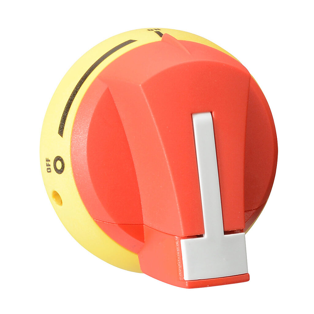 140G2111 - Socomec rotary handle, round, S01, red/yellow, external front or right side mount, 2-position, lockable in OFF only, defeatable, NEMA 1/3R/12.