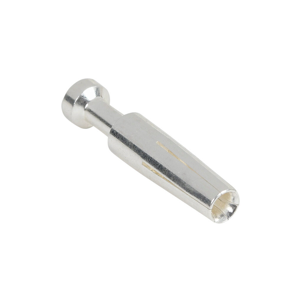 14105264 - METE crimp contact, female, 16 amp, accepts wire size 20 AWG, silver-plated copper alloy. Package of 100. For use with METE multi-wire female inserts rated for 16 amps.
