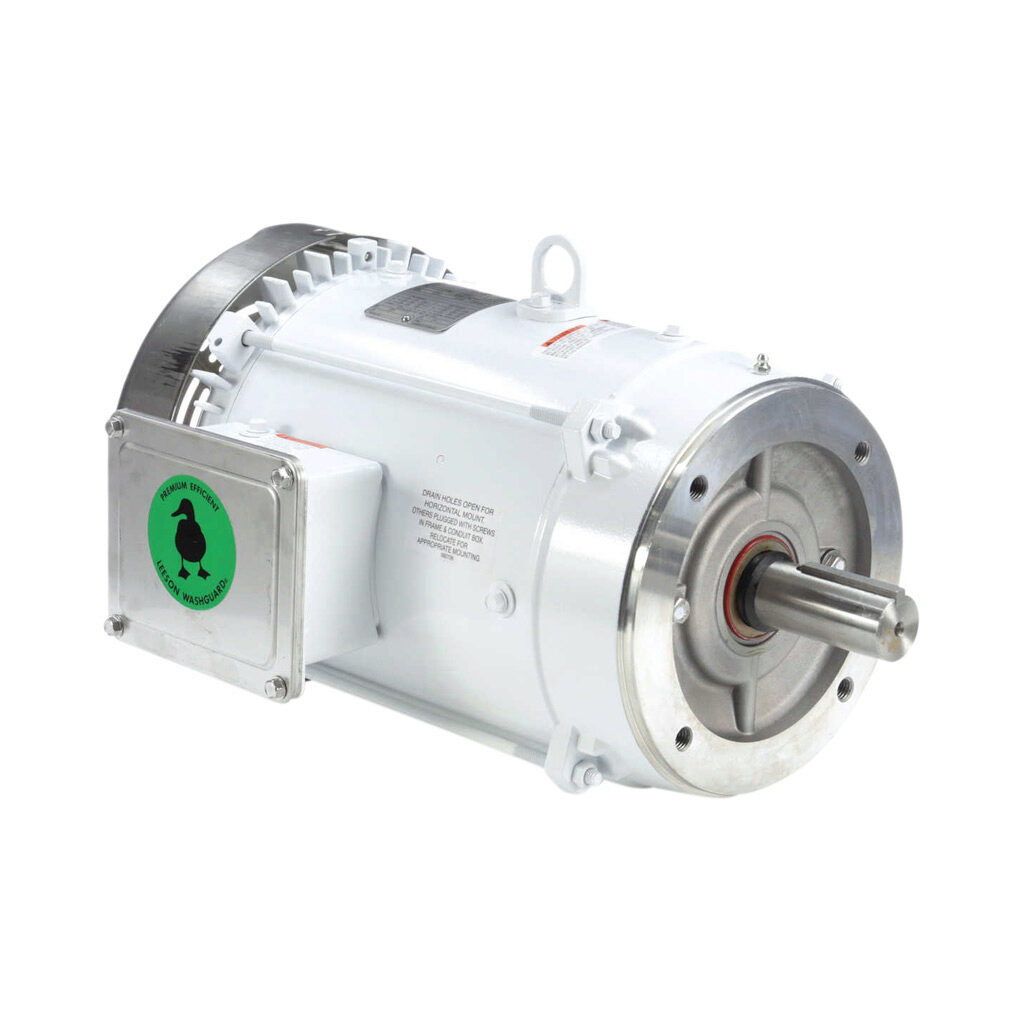 141266.00 - Leeson Washguard White Duck premium efficiency AC induction motor, washdown and inverter rated, 7-1/2hp, 3-phase, 230/460 VAC, 1800rpm, TEFC, NEMA 213TC frame, rolled steel, C-face mount.