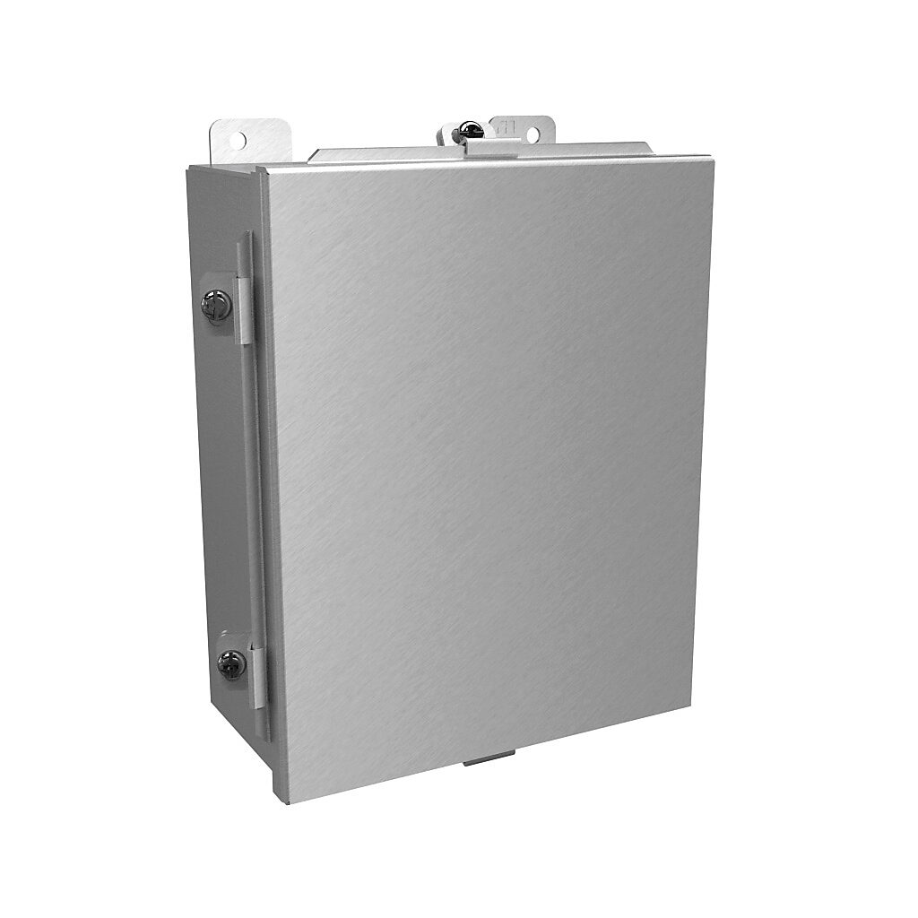 1414N4ALI - Hammond enclosure, NEMA 4/4X/12/13, 10 x 8 x 4in (HxWxD), wall mount, 5052-H32 aluminum, natural finish, lift-off cover, aluminum clamps.