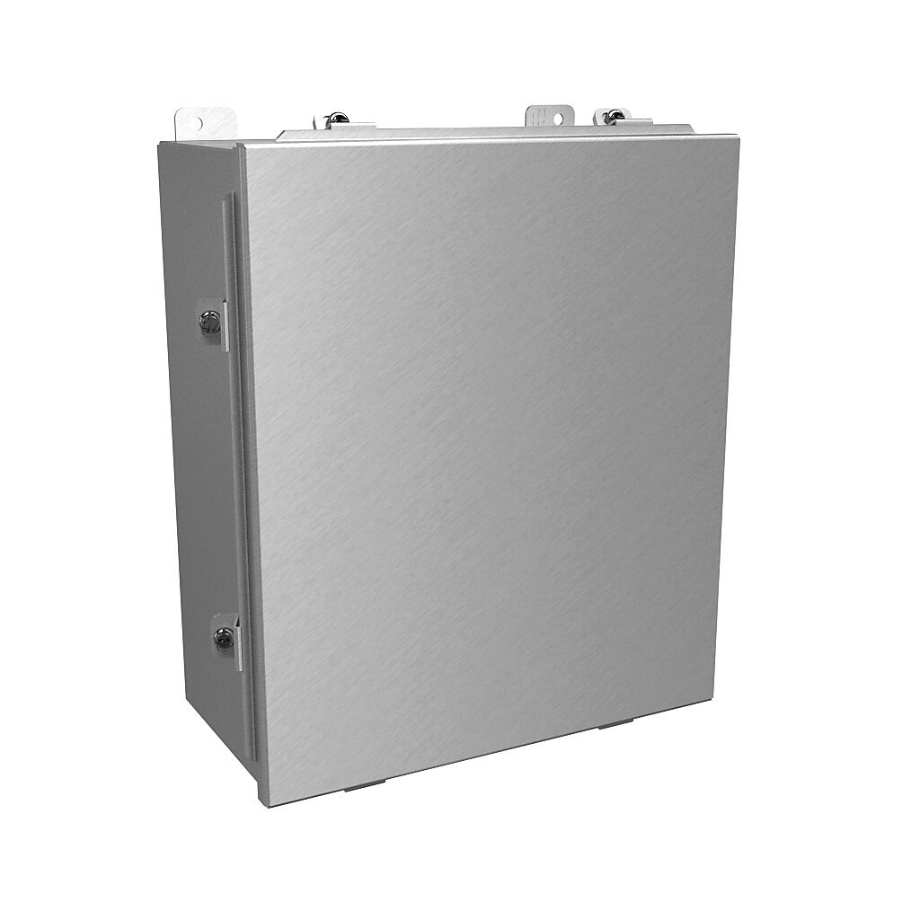 1414N4ALM6 - Hammond enclosure, NEMA 4/4X/12/13, 14 x 12 x 6in (HxWxD), wall mount, 5052-H32 aluminum, natural finish, lift-off cover, aluminum clamps.