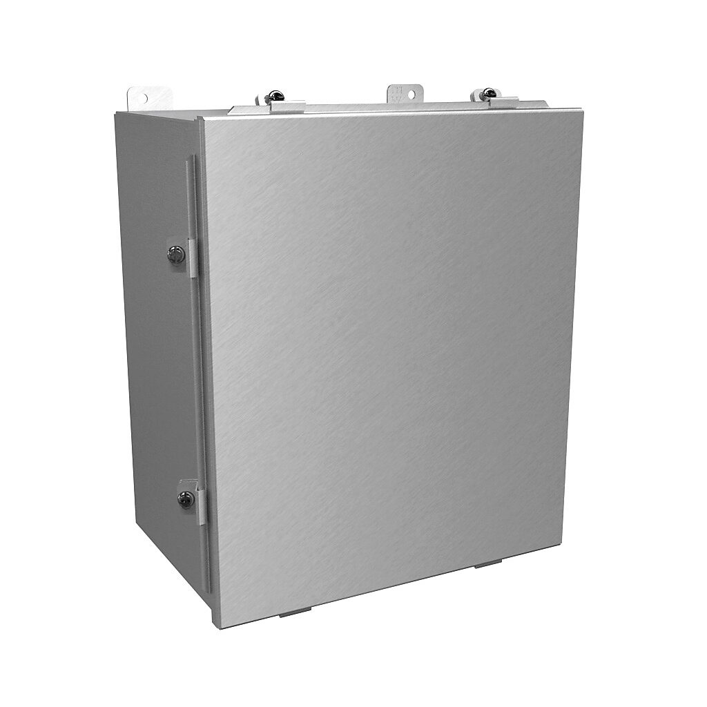 1414N4ALM8 - Hammond enclosure, NEMA 4/4X/12/13, 14 x 12 x 8in (HxWxD), wall mount, 5052-H32 aluminum, natural finish, lift-off cover, aluminum clamps.