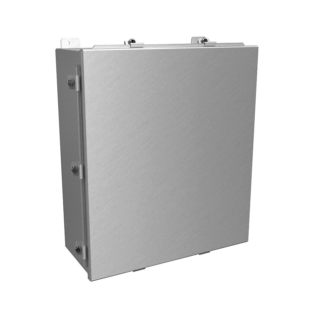 1414N4ALO6 - Hammond enclosure, NEMA 4/4X/12/13, 16 x 14 x 6in (HxWxD), wall mount, 5052-H32 aluminum, natural finish, lift-off cover, aluminum clamps.