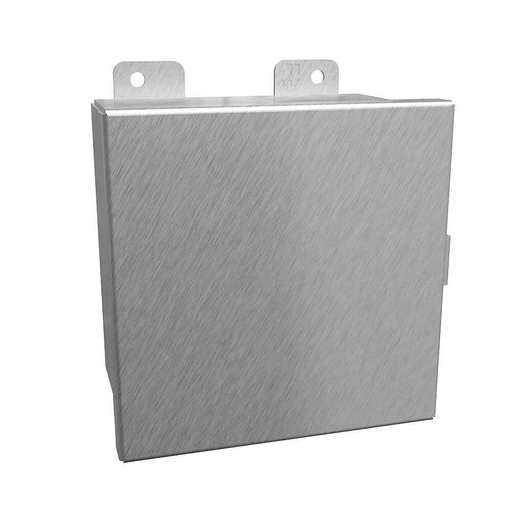 1414N4PHS16E - Hammond enclosure, NEMA 3R/4/4X/12/13, 6 x 6 x 4in (HxWxD), wall mount, 316 stainless steel, #4 brush finish, single-door, stainless steel clamps.