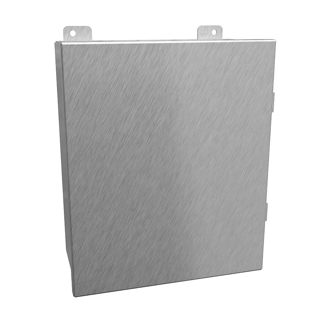 1414N4PHS16K - Hammond enclosure, NEMA 3R/4/4X/12/13, 12 x 10 x 5in (HxWxD), wall mount, 316 stainless steel, #4 brush finish, single-door, stainless steel clamps.