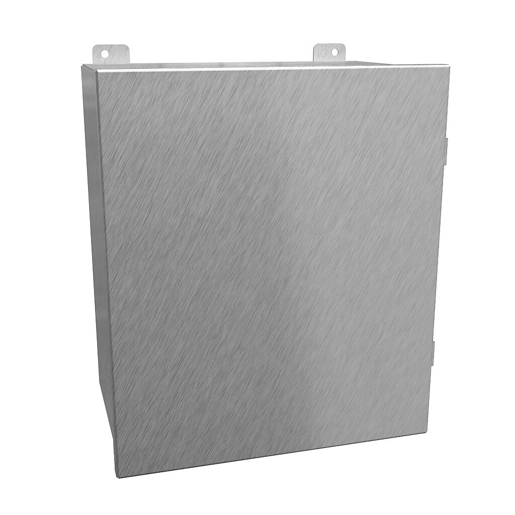 1414N4PHS16M8 - Hammond enclosure, NEMA 3R/4/4X/12/13, 14 x 12 x 8in (HxWxD), wall mount, 316 stainless steel, #4 brush finish, single-door, stainless steel clamps.