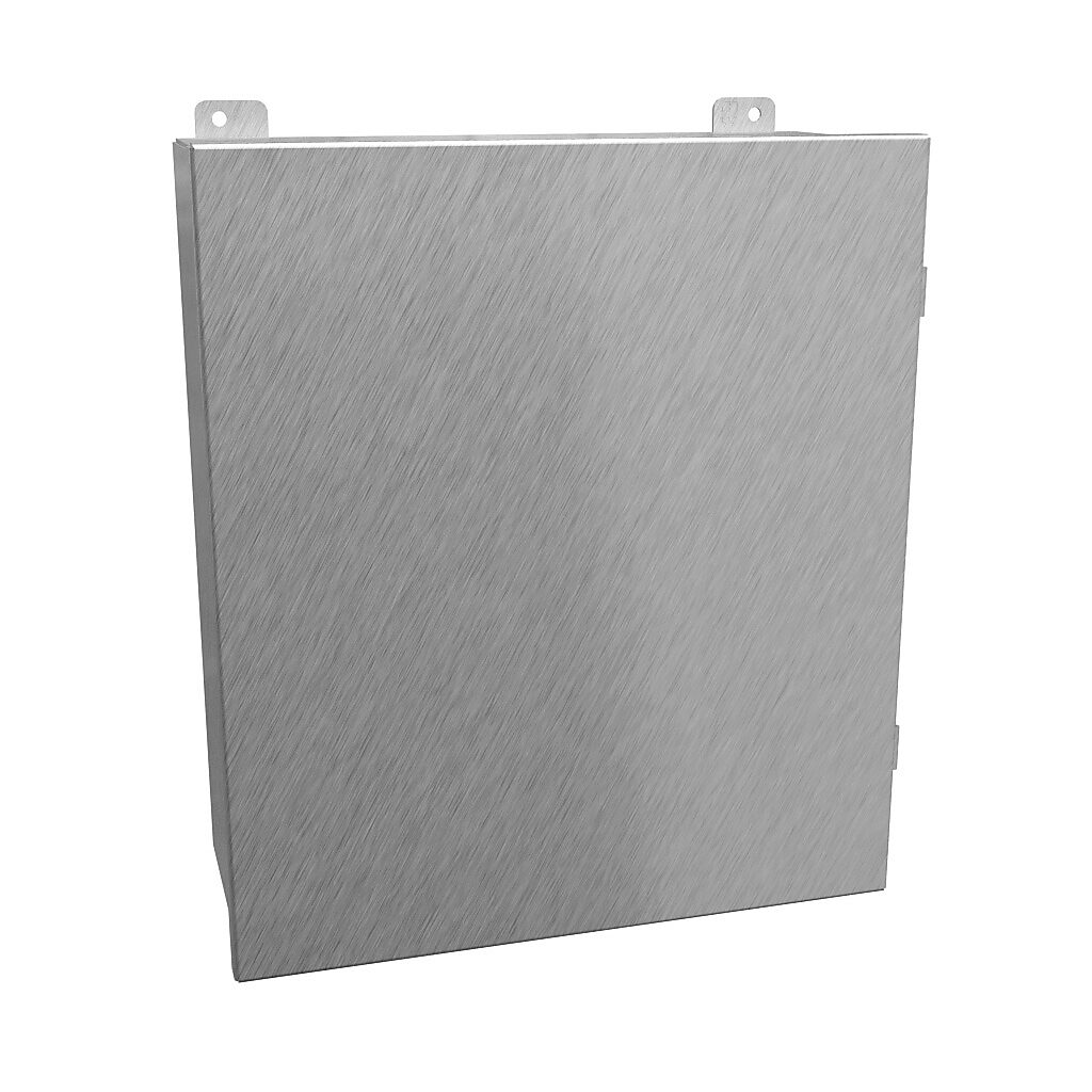 1414N4PHS16O6 - Hammond enclosure, NEMA 3R/4/4X/12/13, 16 x 14 x 6in (HxWxD), wall mount, 316 stainless steel, #4 brush finish, single-door, stainless steel clamps.