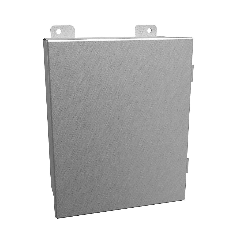 1414N4PHSSI - Hammond enclosure, NEMA 3R/4/4X/12/13, 10 x 8 x 4in (HxWxD), wall mount, 304 stainless steel, #4 brush finish, single-door, stainless steel clamps.