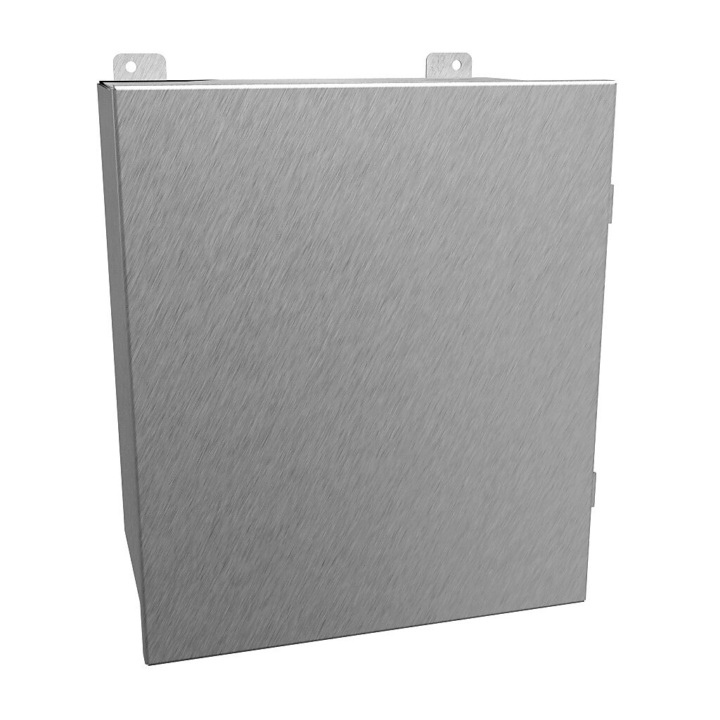 1414N4PHSSM8 - Hammond enclosure, NEMA 3R/4/4X/12/13, 14 x 12 x 8in (HxWxD), wall mount, 304 stainless steel, #4 brush finish, single-door, stainless steel clamps.