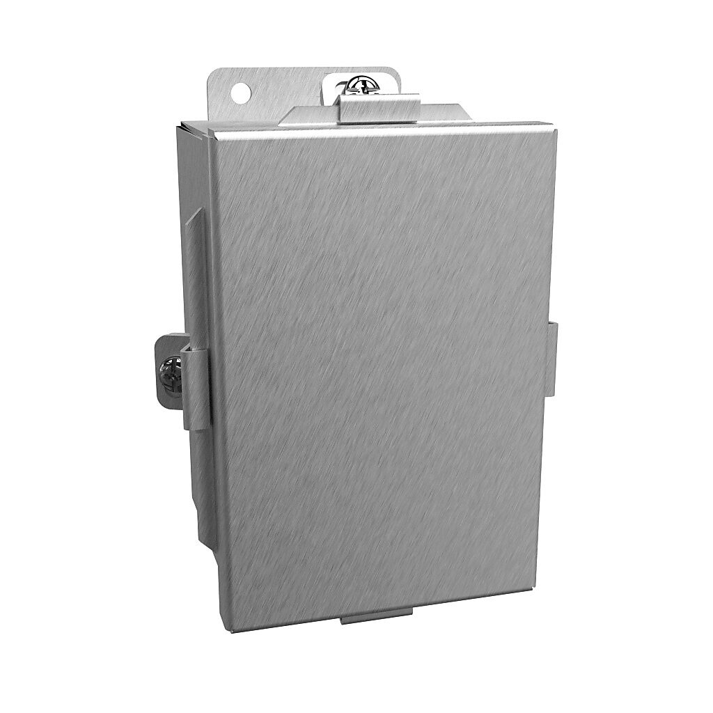 1414N4SSC4 - Hammond enclosure, NEMA 3R/4/4X/12/13, 6 x 4 x 4in (HxWxD), wall mount, 304 stainless steel, #4 brush finish, lift-off cover, stainless steel clamps.