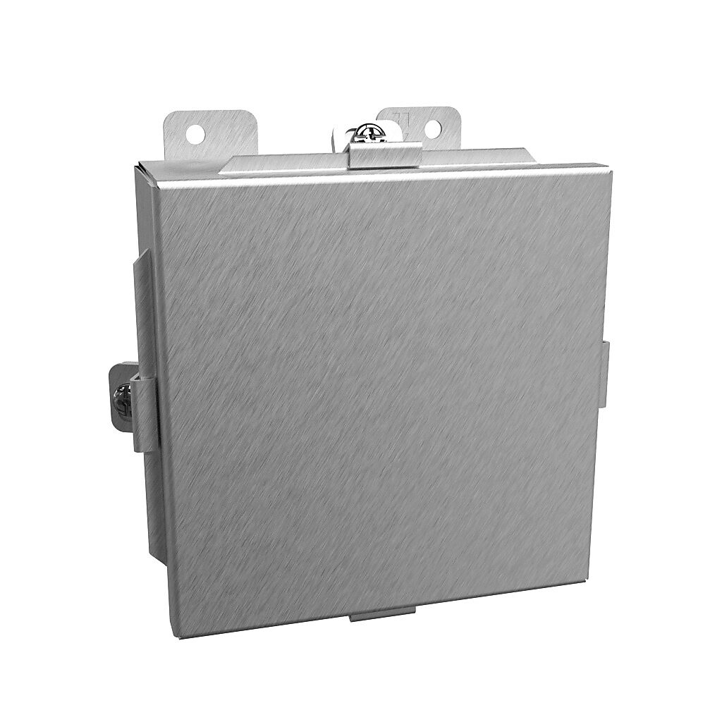1414N4SSE - Hammond enclosure, NEMA 3R/4/4X/12/13, 6 x 6 x 4in (HxWxD), wall mount, 304 stainless steel, #4 brush finish, lift-off cover, stainless steel clamps.
