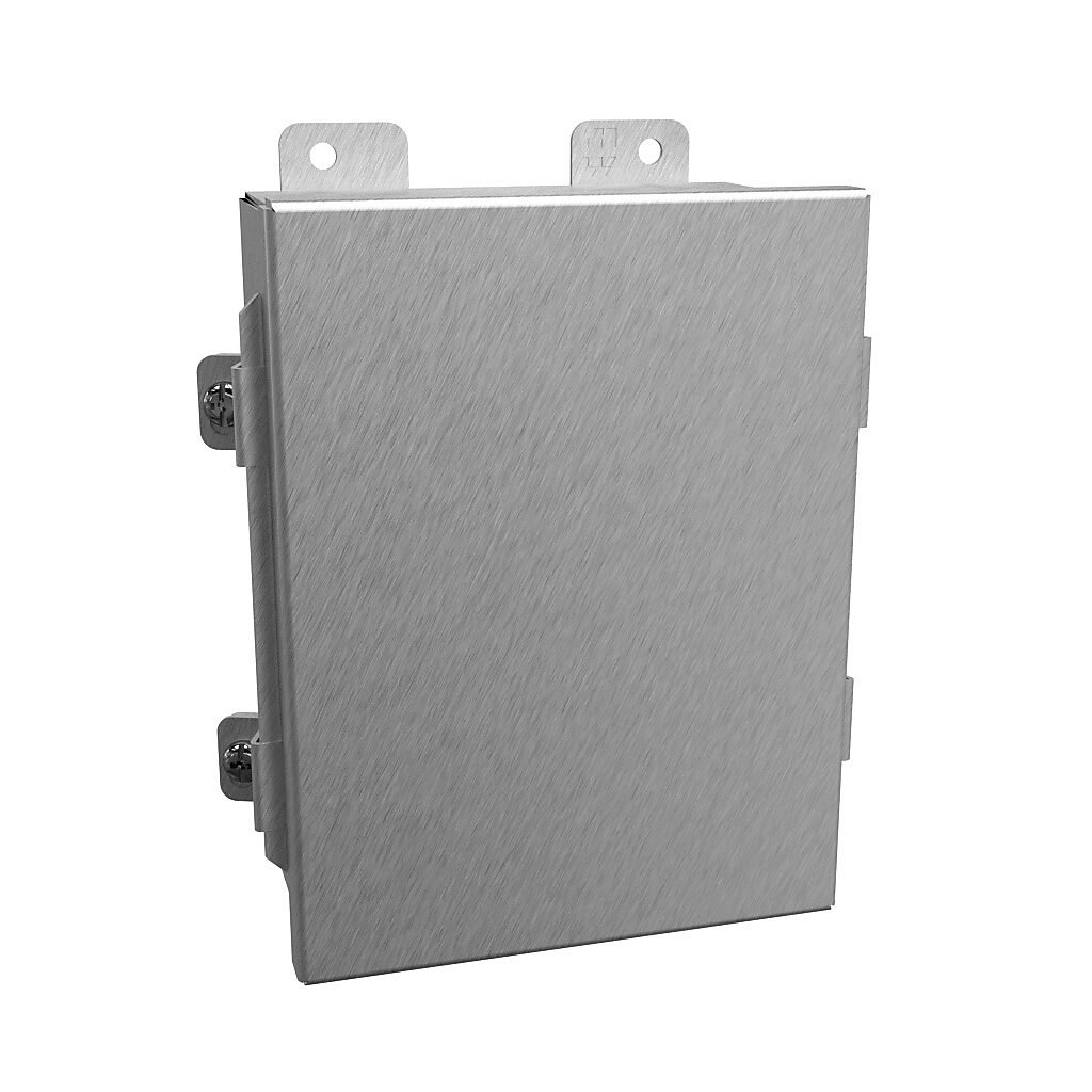 1414N4SSG - Hammond enclosure, NEMA 3R/4/4X/12/13, 8 x 6 x 3.5in (HxWxD), wall mount, 304 stainless steel, #4 brush finish, lift-off cover, stainless steel clamps.