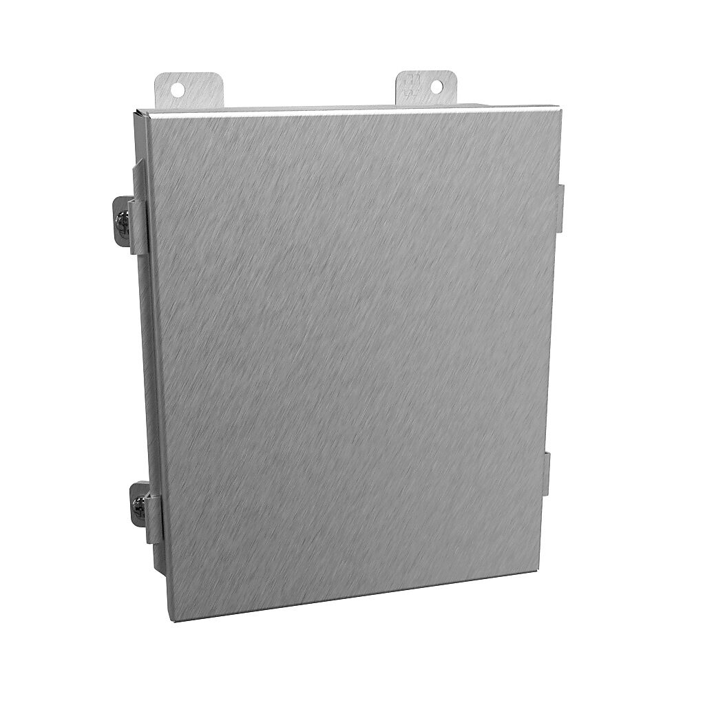 1414N4SSI - Hammond enclosure, NEMA 3R/4/4X/12/13, 10 x 8 x 4in (HxWxD), wall mount, 304 stainless steel, #4 brush finish, lift-off cover, stainless steel clamps.