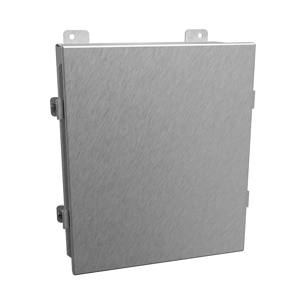 1414N4SSK - Hammond enclosure, NEMA 3R/4/4X/12/13, 12 x 10 x 5in (HxWxD), wall mount, 304 stainless steel, #4 brush finish, lift-off cover, stainless steel clamps.