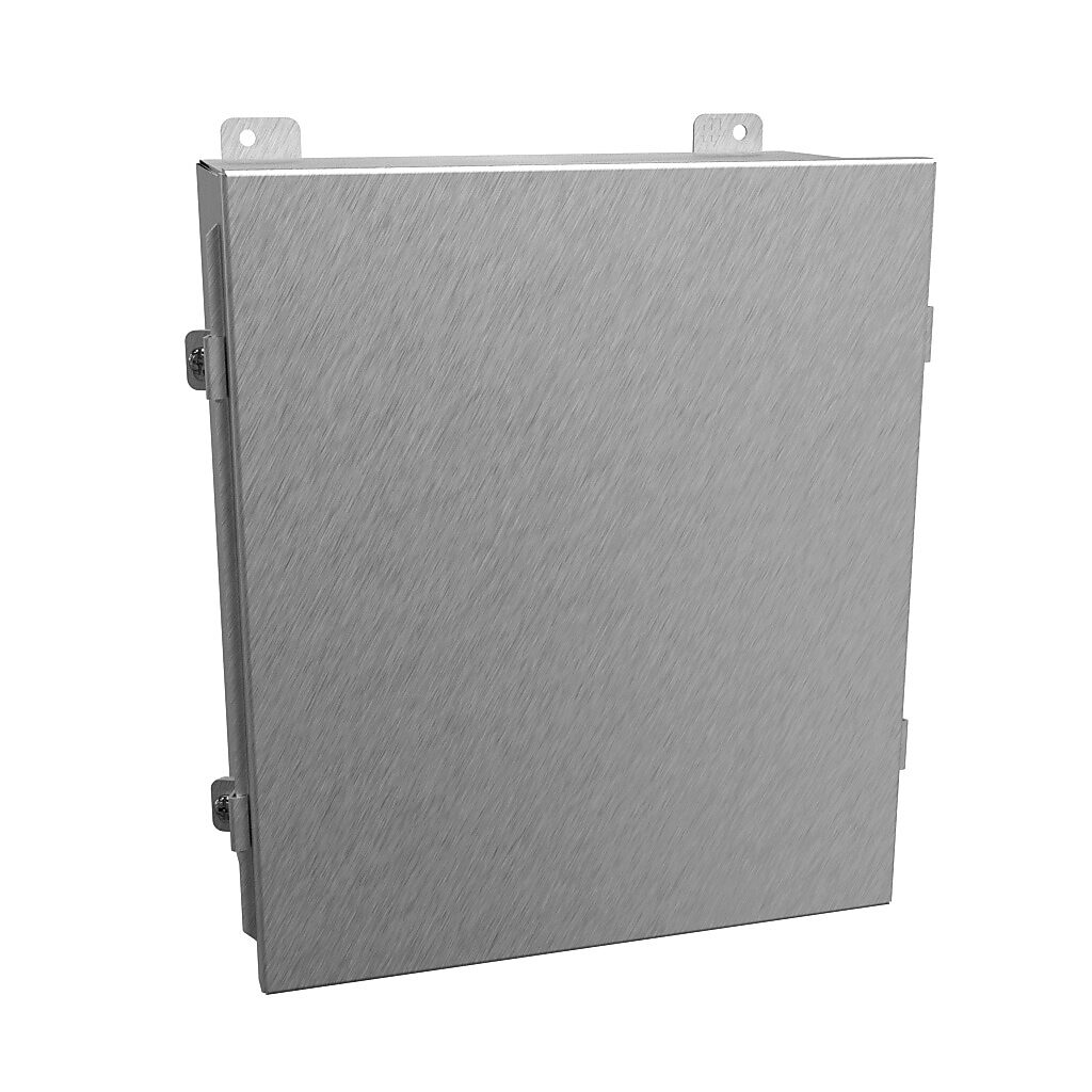 1414N4SSM6 - Hammond enclosure, NEMA 3R/4/4X/12/13, 14 x 12 x 6in (HxWxD), wall mount, 304 stainless steel, #4 brush finish, lift-off cover, stainless steel clamps.