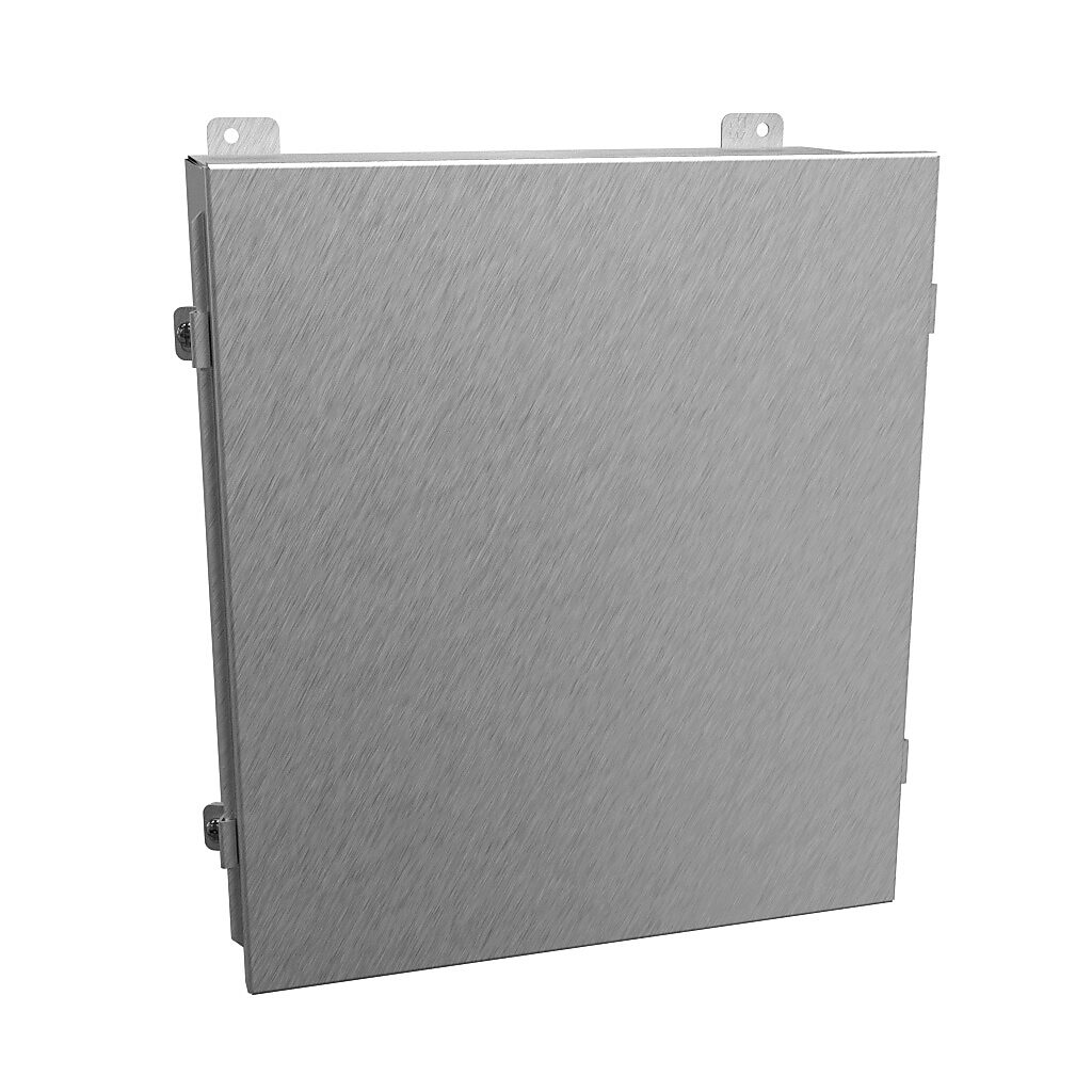 1414N4SSO6 - Hammond enclosure, NEMA 3R/4/4X/12/13, 16 x 14 x 6in (HxWxD), wall mount, 304 stainless steel, #4 brush finish, lift-off cover, stainless steel clamps.