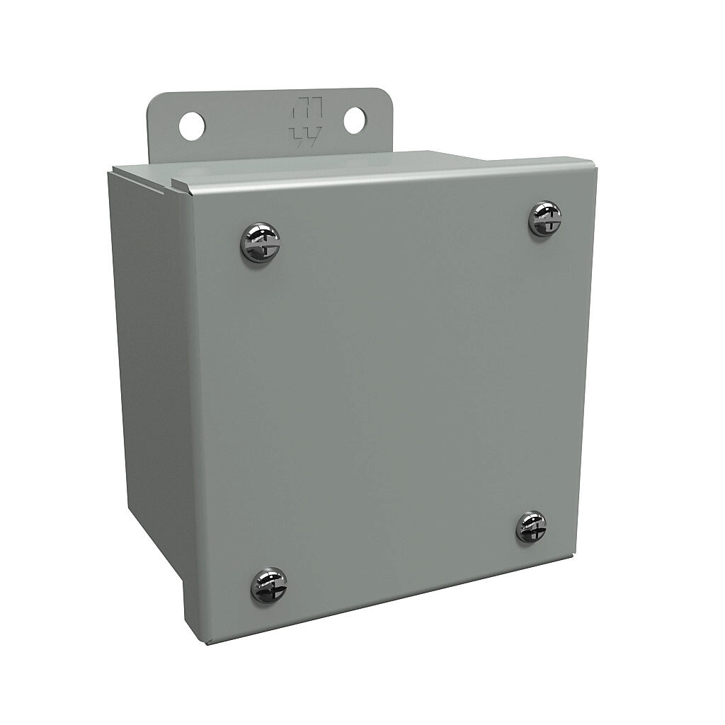 1414SCA - Hammond enclosure, NEMA 12/13, 4 x 4 x 3in (HxWxD), wall mount, carbon steel, ANSI 61 gray, powder coat finish, screw cover.